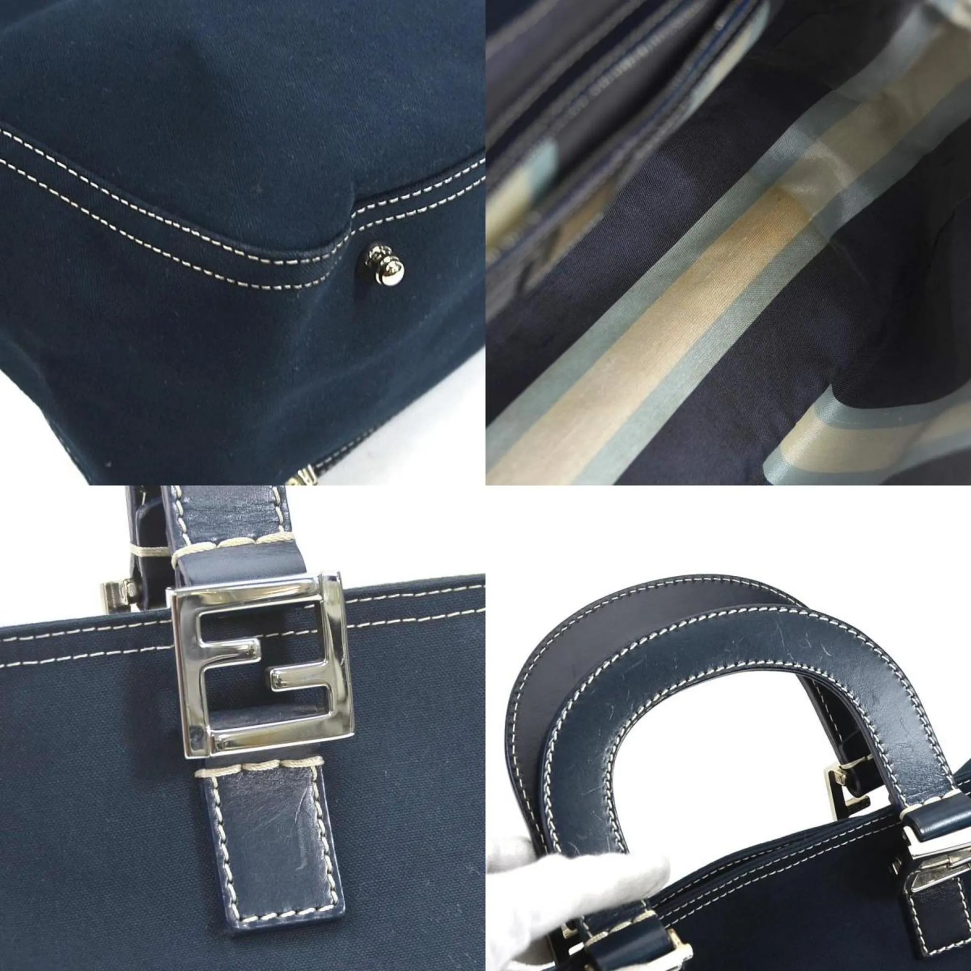 FENDI Handbag Canvas/Leather Navy Silver Ladies