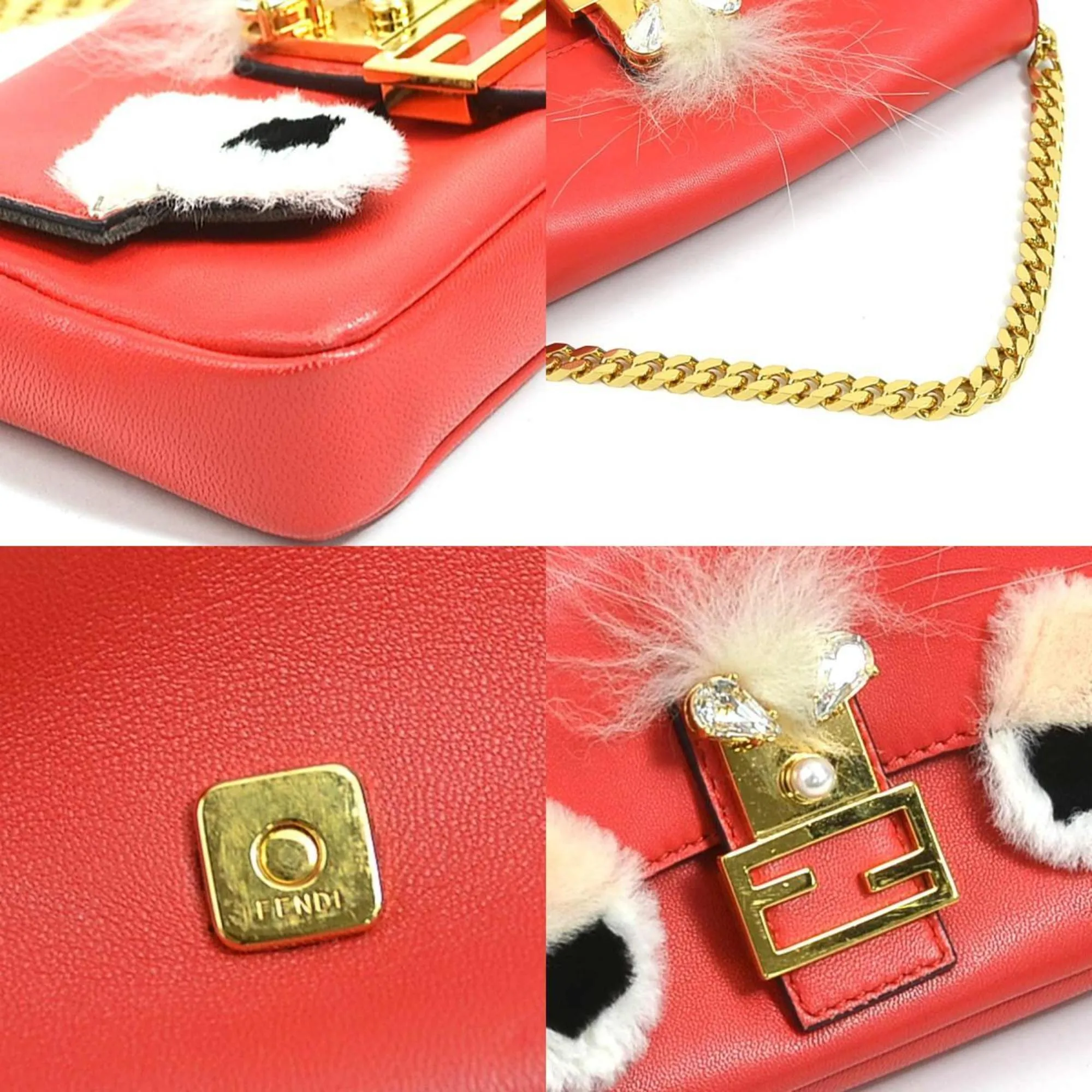 FENDI Handbag Micro Baguette Leather/Fur Red/Multicolor Gold Ladies