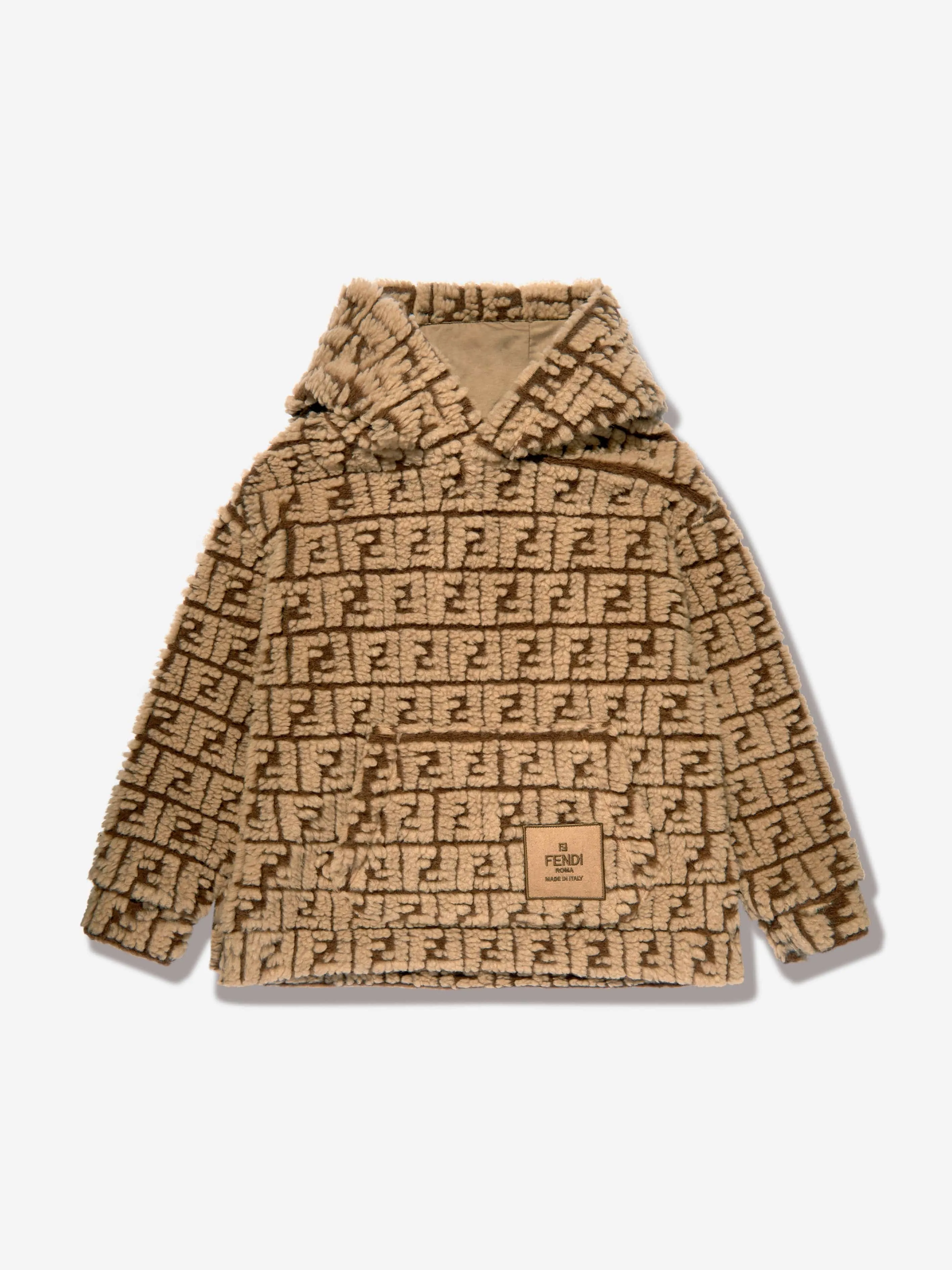 Fendi Kids FF Teddy Wool Hoodie in Beige