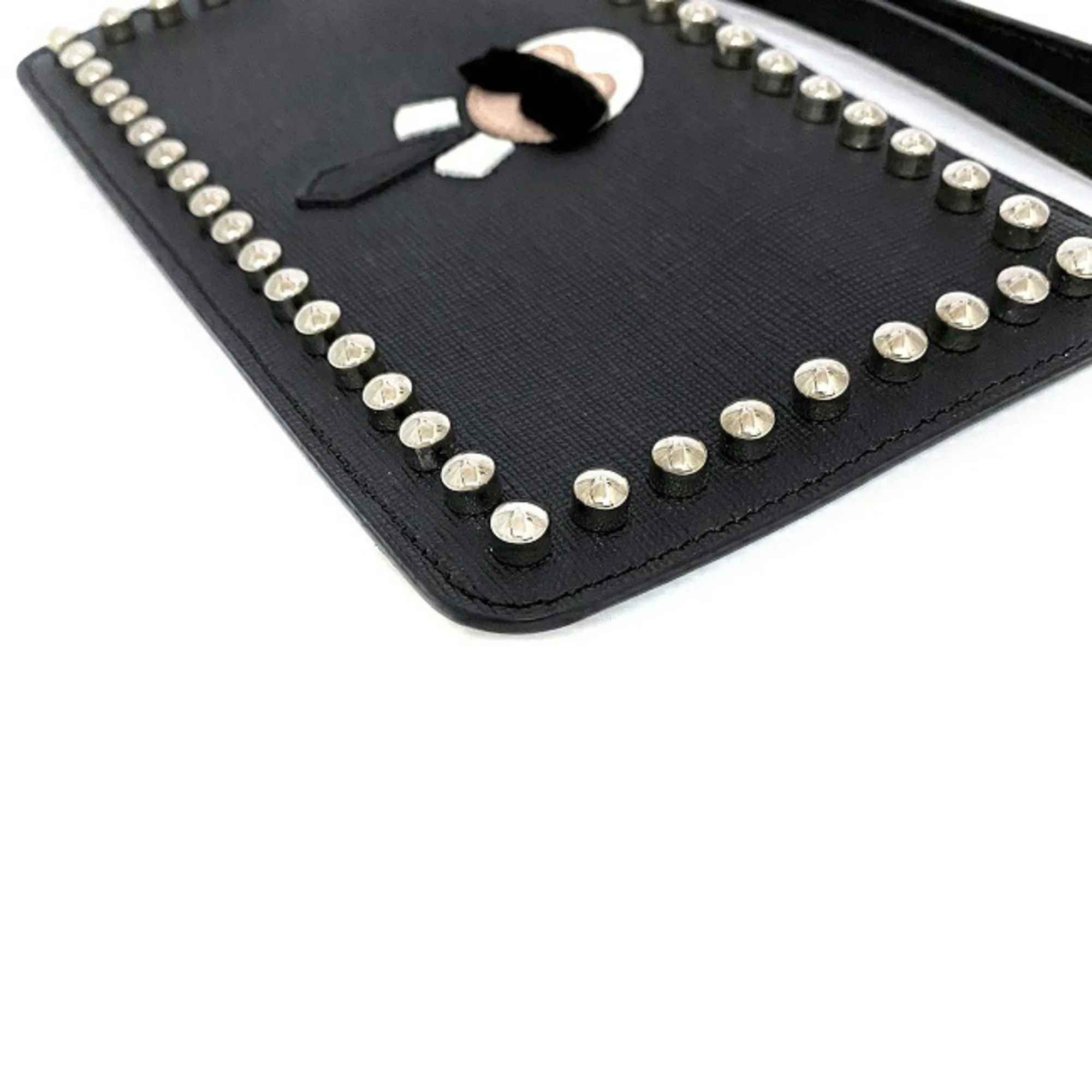 FENDI Pouch Black Silver Punker Lito 8M0341 PVC Leather Studs Fur  Karl Lagerfeld Mini Character Round with Strap