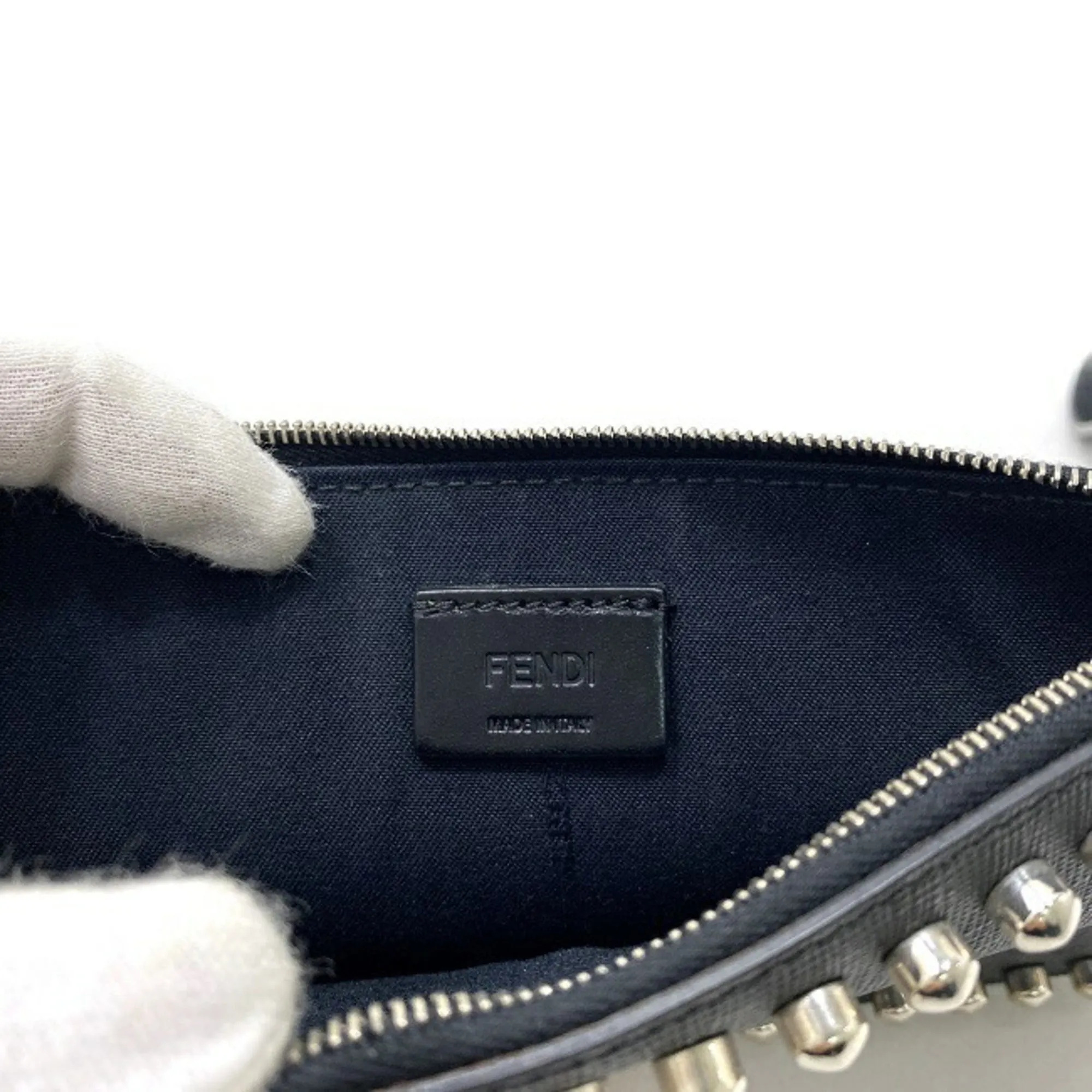 FENDI Pouch Black Silver Punker Lito 8M0341 PVC Leather Studs Fur  Karl Lagerfeld Mini Character Round with Strap