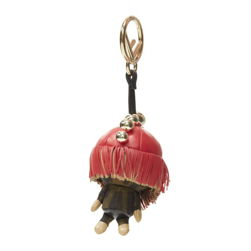 FENDI Space Monkey Zucca FF monogram red fringe gold stud keyring bag charm