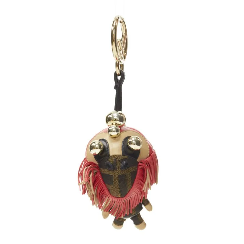 FENDI Space Monkey Zucca FF monogram red fringe gold stud keyring bag charm