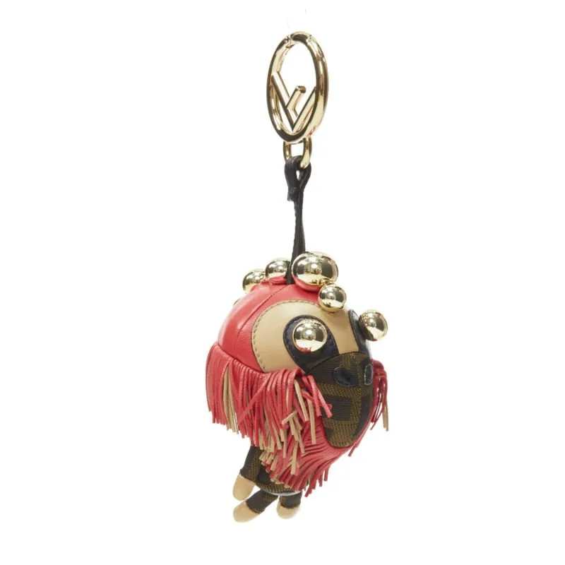 FENDI Space Monkey Zucca FF monogram red fringe gold stud keyring bag charm