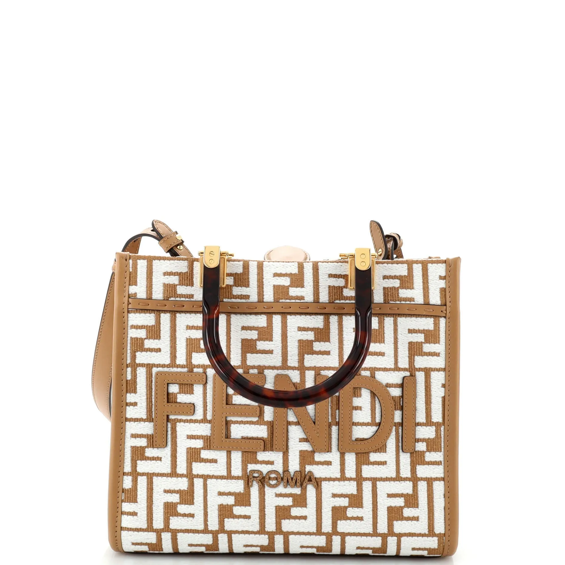 FENDI Sunshine Shopper Tote Zucca Embroidered Raffia Small