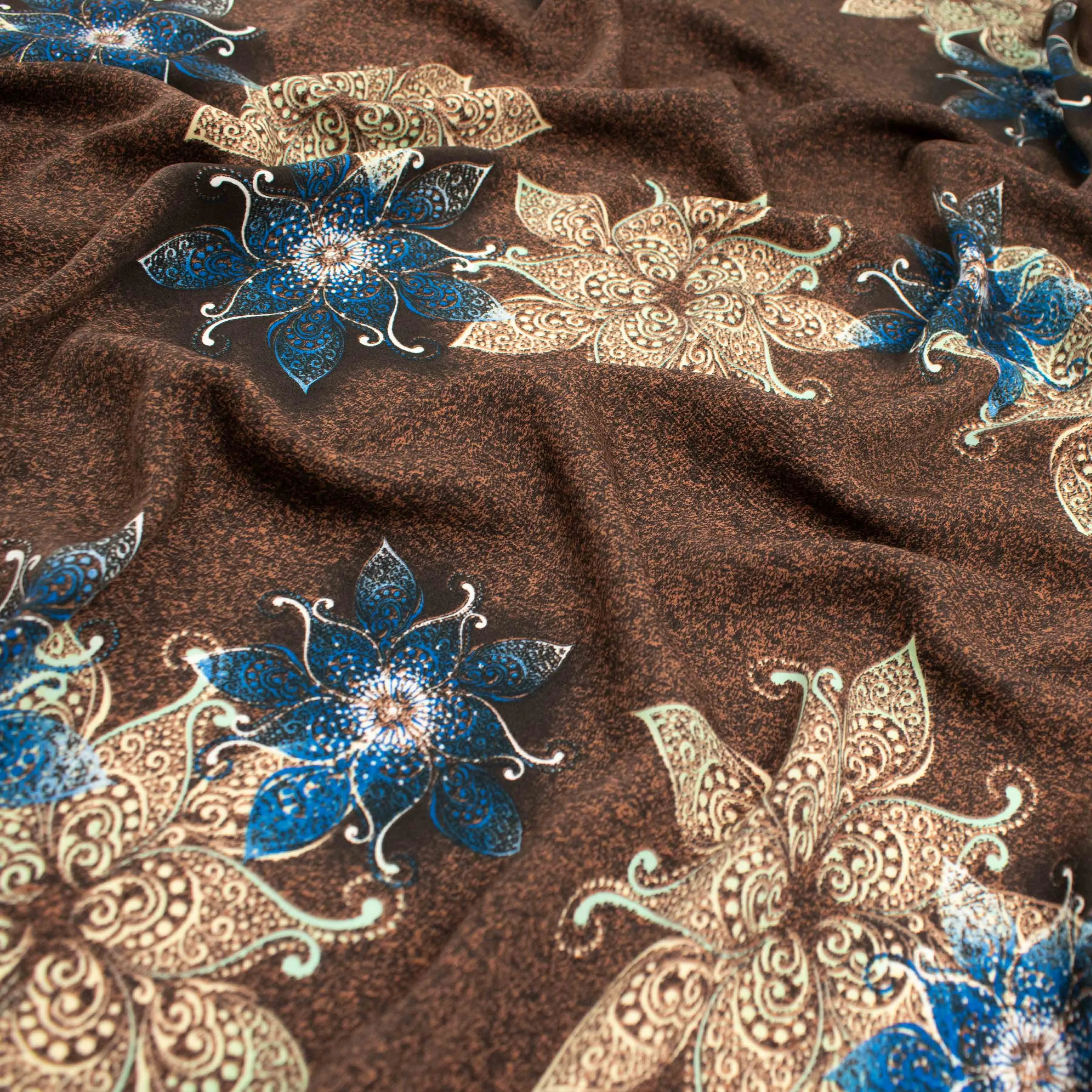 Fine Satin Prints Design-660 Navy & Ivory Abstract Floral on Brown