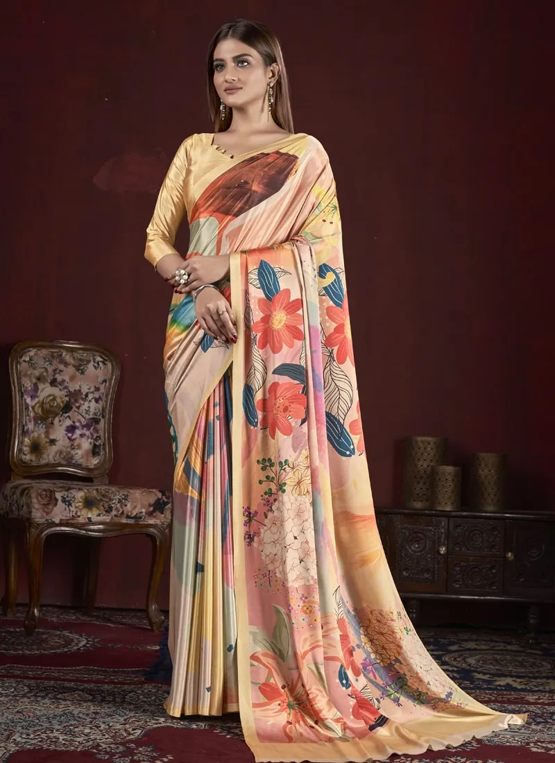 Glowing Yellow Trendy Soft Crepe Printed Saree