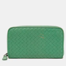 Green Intrecciato Leather Zip Around Wallet