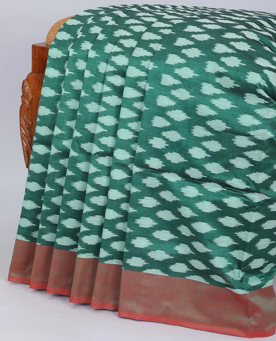 Green unique buttas ikkat cotton saree, contrast plain border & pallu of ikkat designs