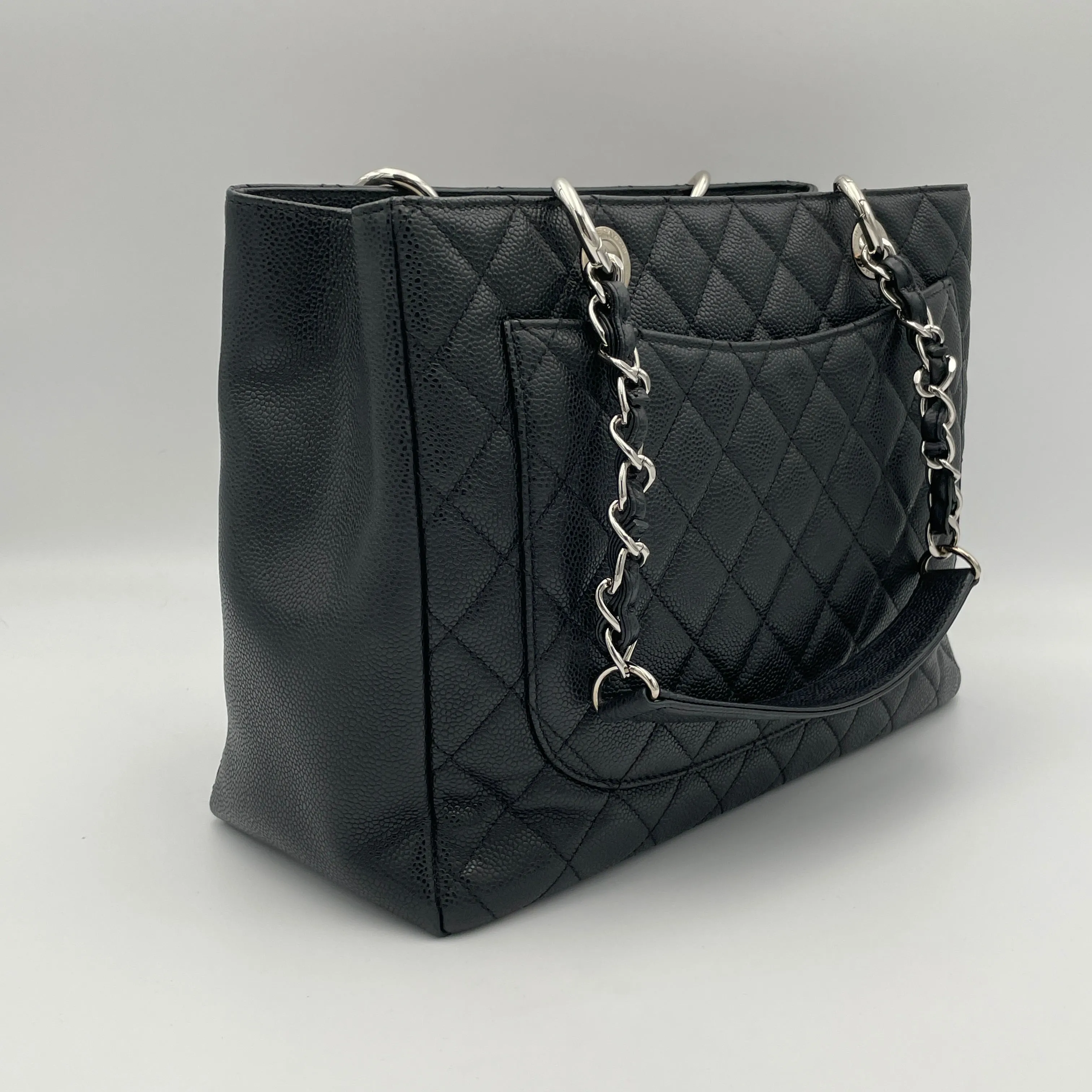 GST Grand Shopping Black Tote Bag in Caviar Leather, Silver hardware