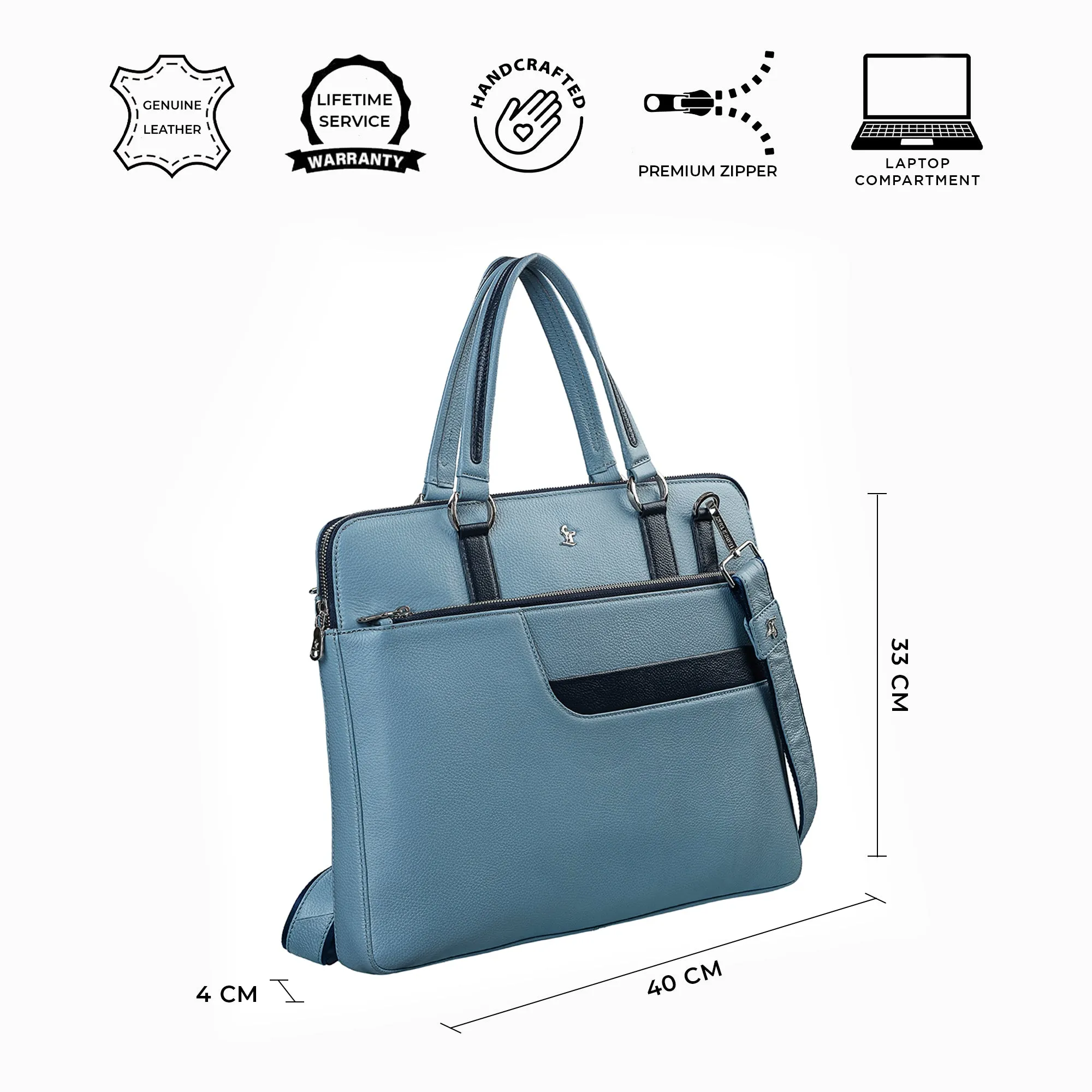 Kripto Genuine Leather Laptop Bag | Leather Folio bag | Office Bag for Men |  Color: Light Blue, Brown