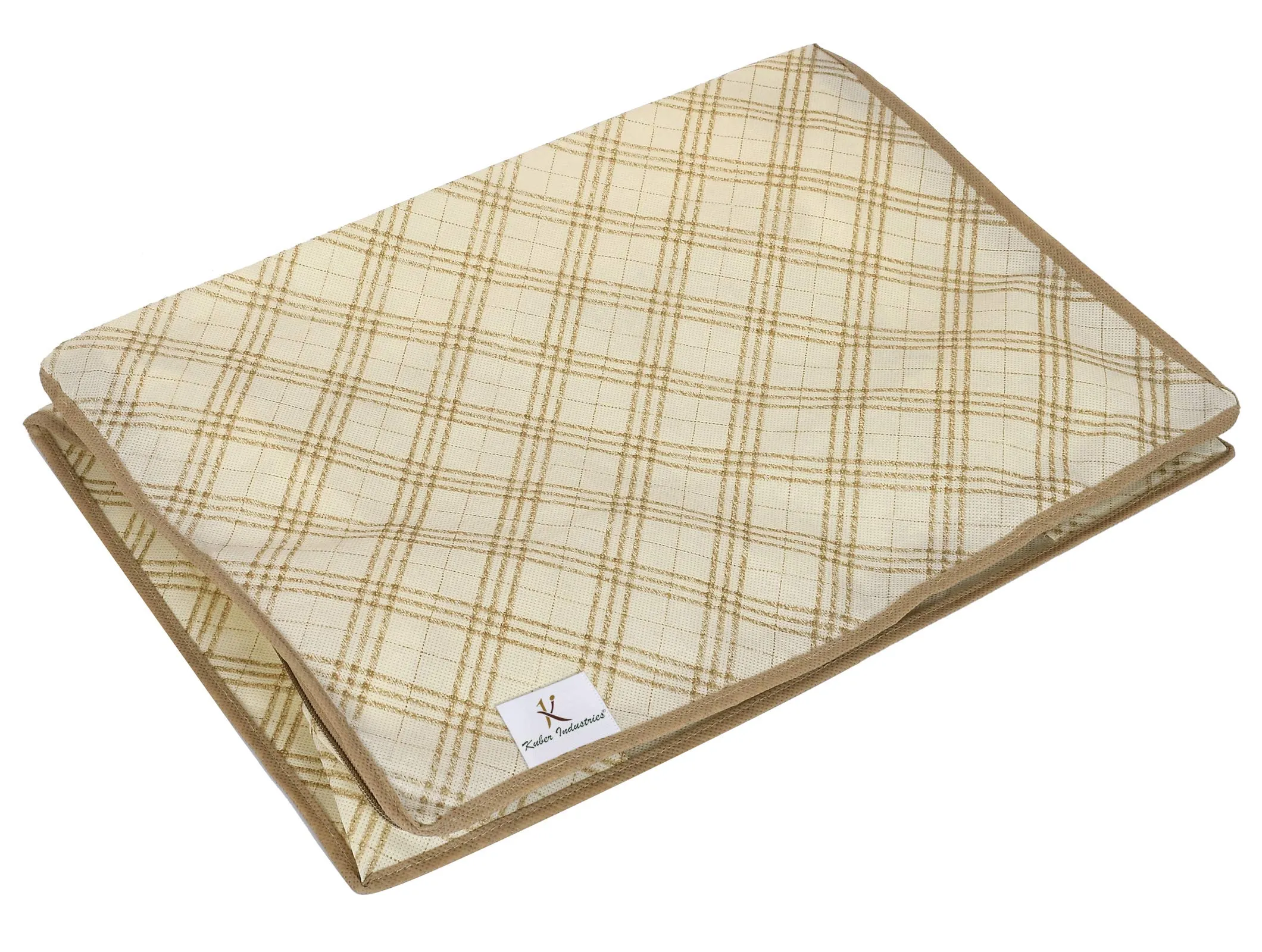 Kuber Industries Metalic Checkered Print Non Woven Underbed Storage Bag,Cloth Organiser,Blanket Cover with Transparent Window (Ivory)-KUBMART16581