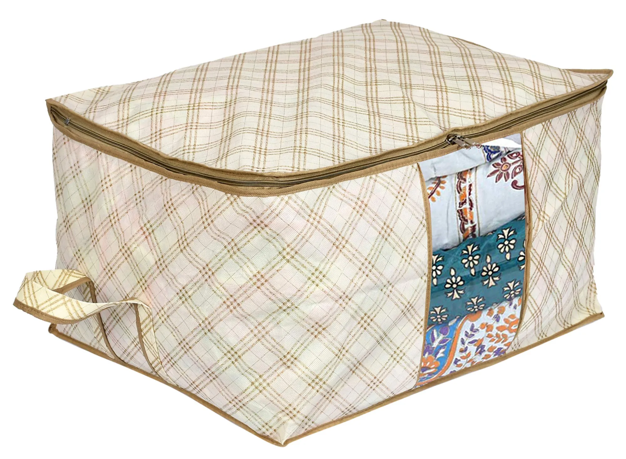 Kuber Industries Metalic Checkered Print Non Woven Underbed Storage Bag,Cloth Organiser,Blanket Cover with Transparent Window (Ivory)-KUBMART16581