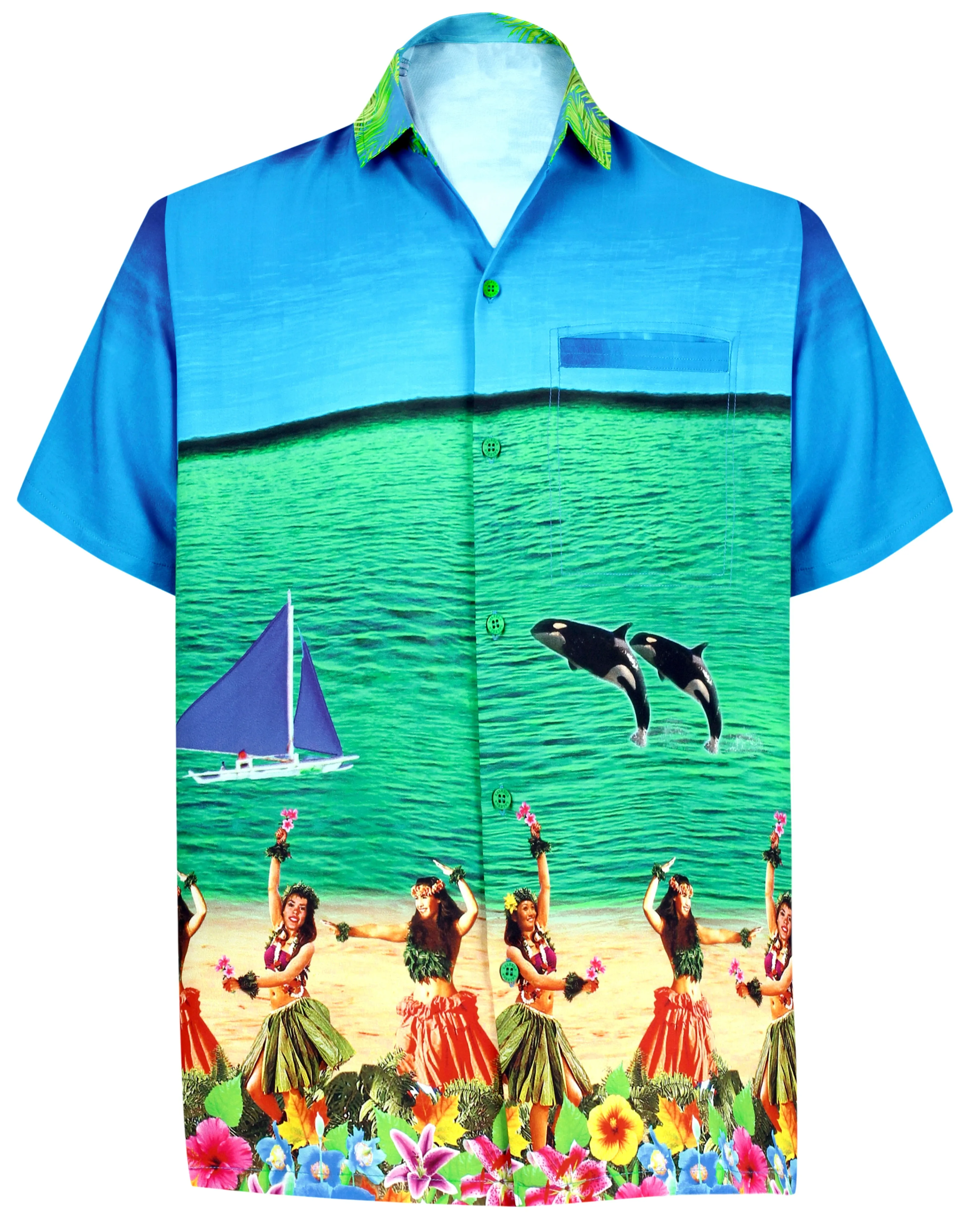 LA LEELA Men Casual Beach Shirt Aloha Tropical Beach front Short sleeve Relaxed Regular Fit Blue