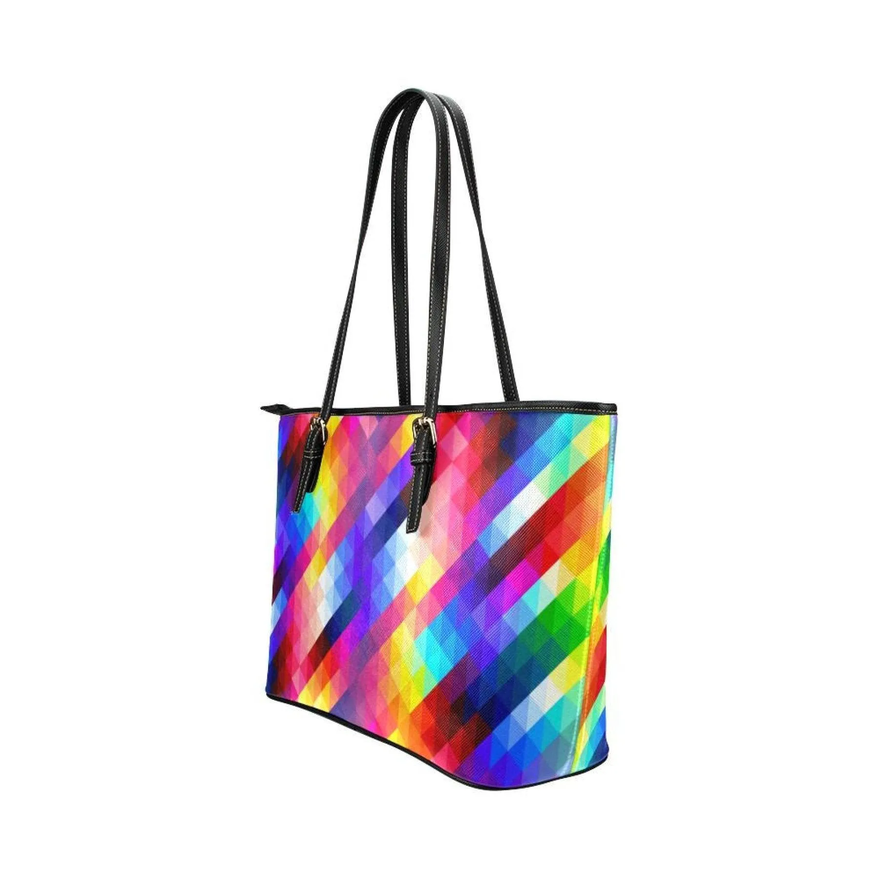 Large Leather Tote Shoulder Bag - Multicolor Grid Illustration