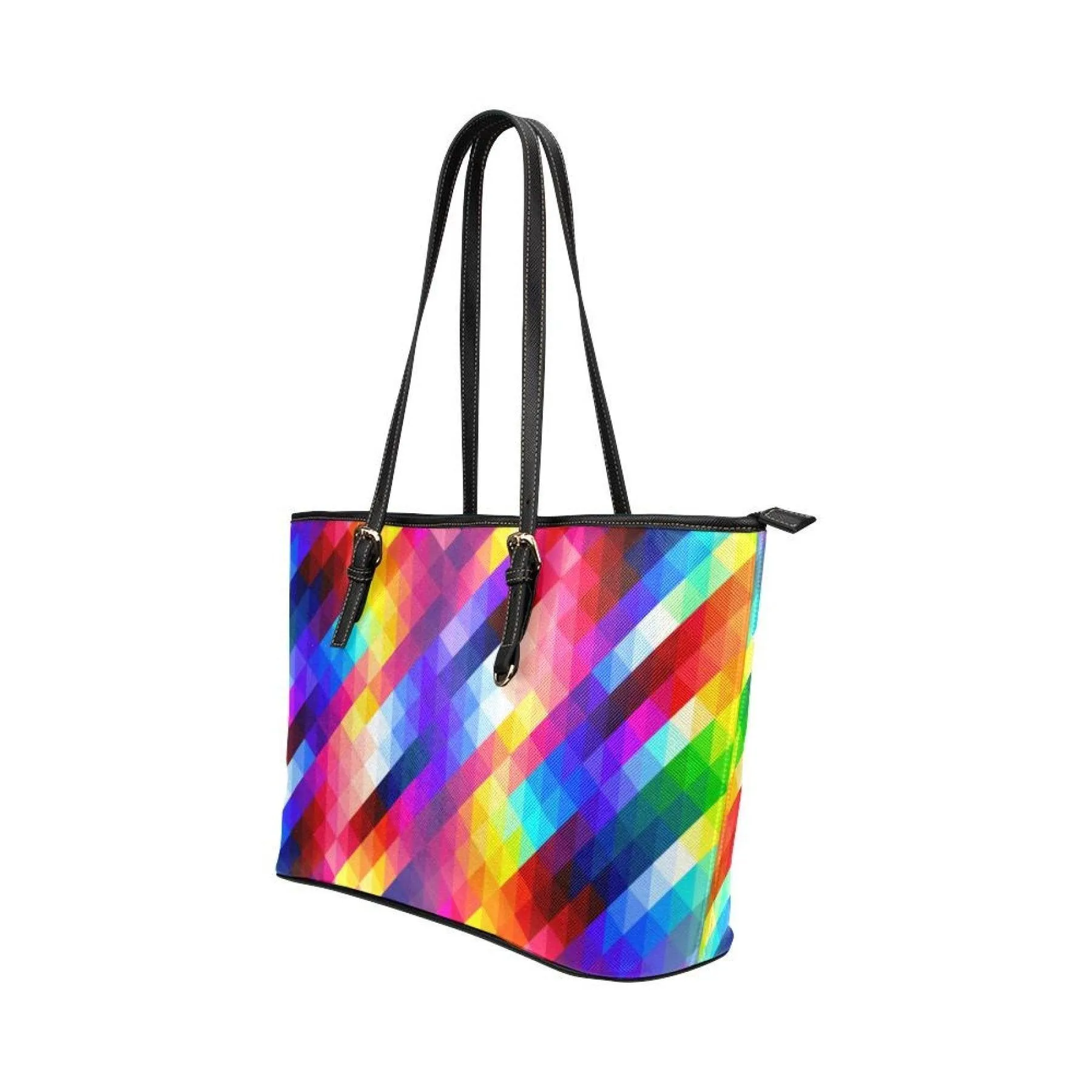 Large Leather Tote Shoulder Bag - Multicolor Grid Illustration