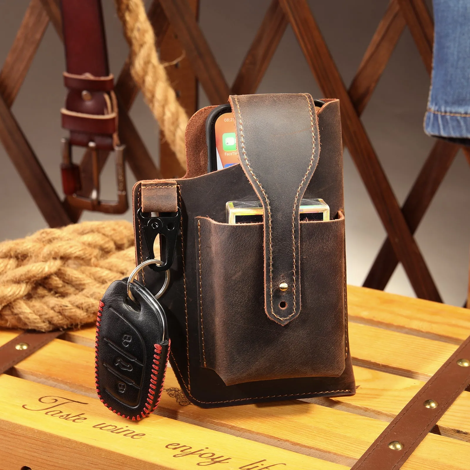 Leather Belt Bag Phone Wallet Purse for Men Loop Case Waist Pack