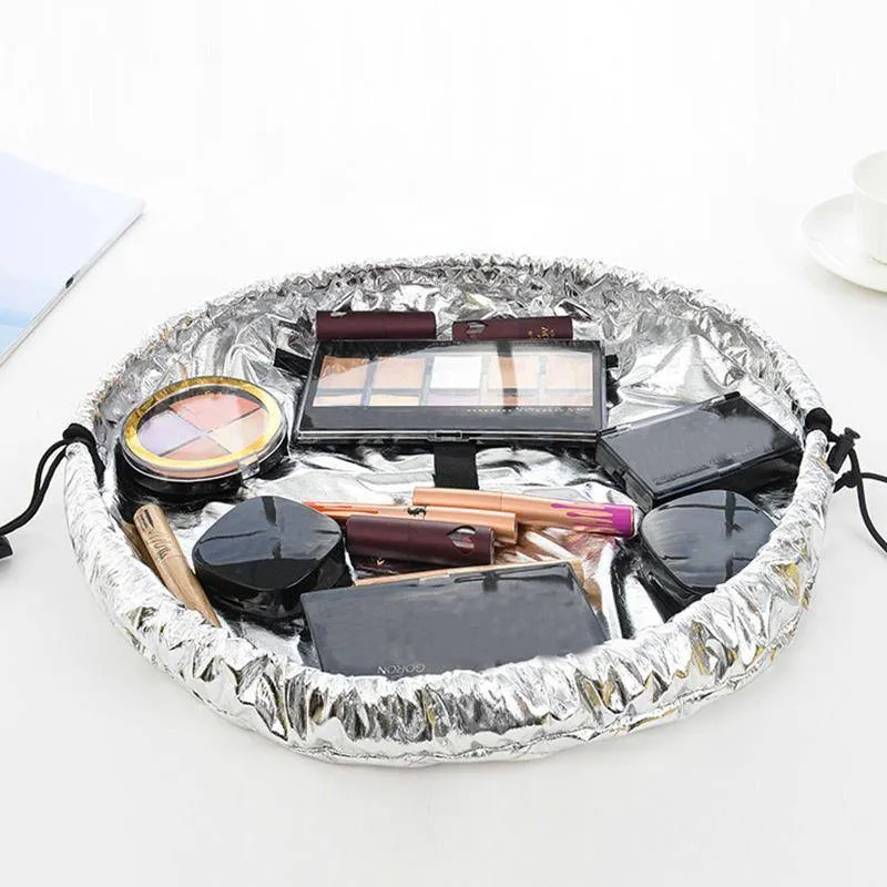 Magic Metallic Drawstring shrink Cosmetic Travel beauty makeup organization Bag - Expands 43cm wide