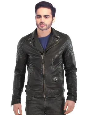 Men Washed Motorcycle Biker Leather Jacket with Diamond Padding at sleeves