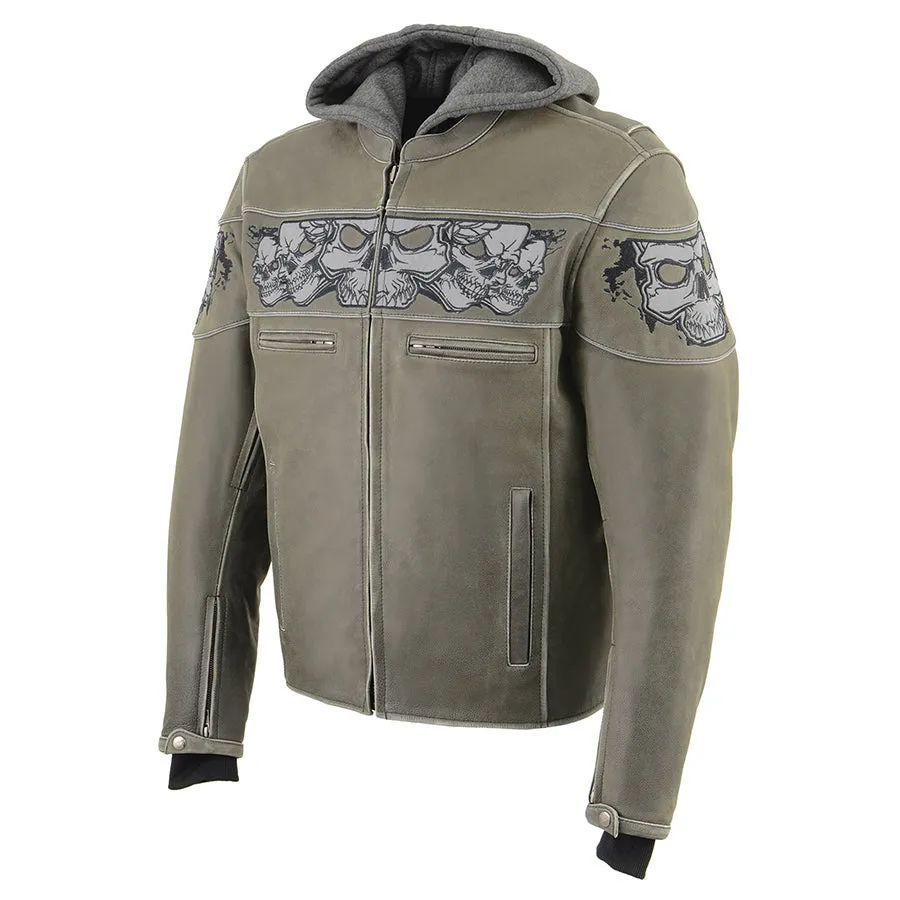 Men’s Distressed Grey Scooter Jacket w/ Reflective Skulls & Removable Hoodie