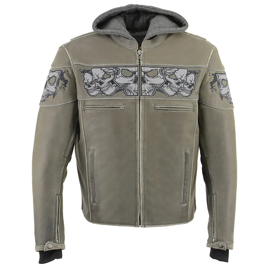 Men’s Distressed Grey Scooter Jacket w/ Reflective Skulls & Removable Hoodie