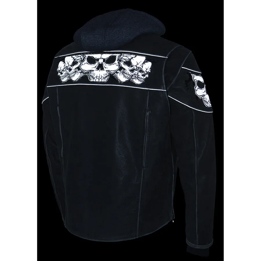 Men’s Distressed Grey Scooter Jacket w/ Reflective Skulls & Removable Hoodie