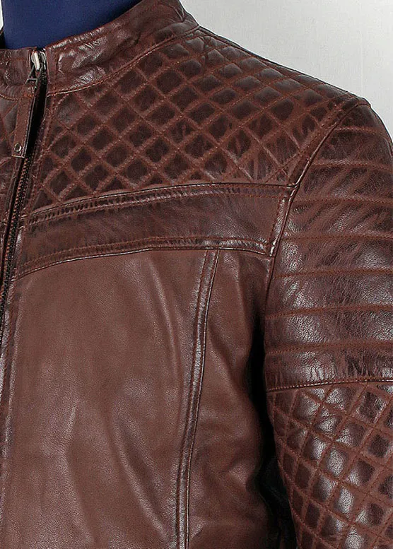 Men's Tawton Brown Leather Jacket with quilted panels