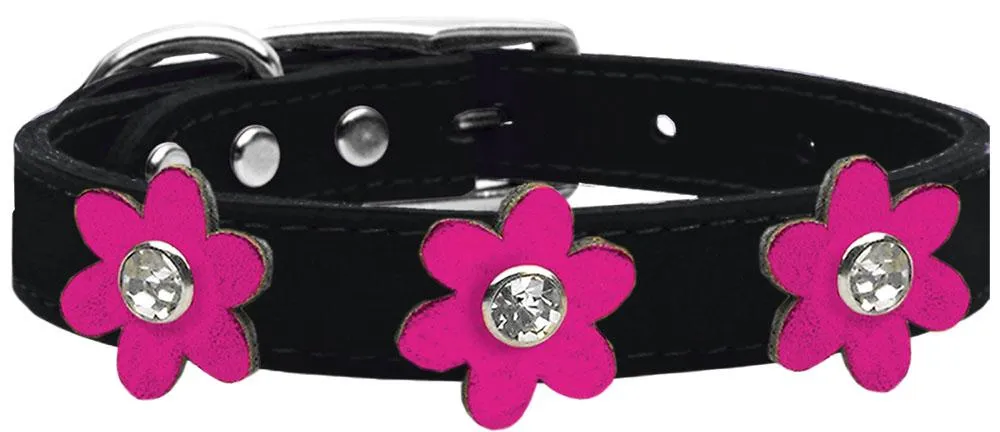 Metallic Flower Leather Collar Black With Metallic Pink Flowers Size 14