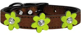 Metallic Flower Leather Collar Bronze With Metallic Lime Green Flowers Size 26