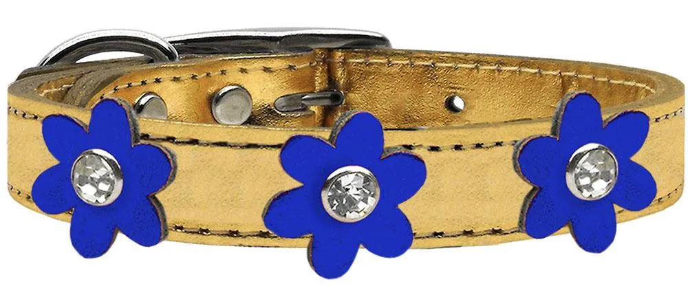 Metallic Flower Leather Collar Gold With Metallic Blue Flowers Size 14