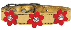 Metallic Flower Leather Collar Gold With Metallic Red Flowers Size 22