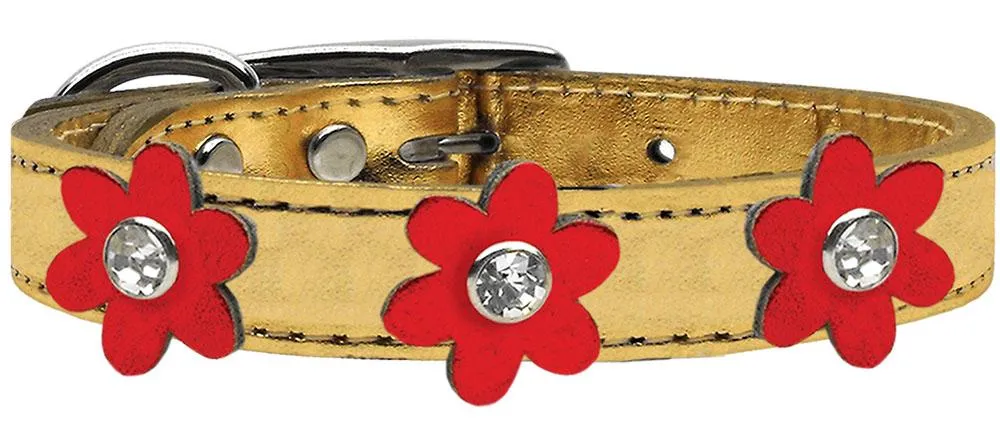 Metallic Flower Leather Collar Gold With Metallic Red Flowers Size 22