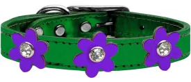 Metallic Flower Leather Collar Metallic Emerald Green With Metallic Purple Flowers Size 16