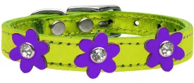 Metallic Flower Leather Collar Metallic Lime Green With Metallic Purple Flowers Size 22