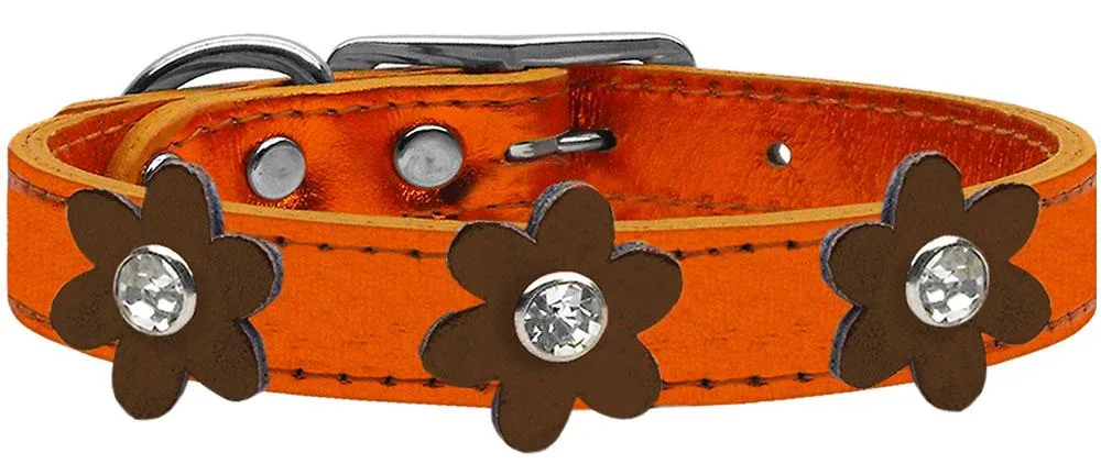 Metallic Flower Leather Collar Metallic Orange With Bronze Flowers Size 24