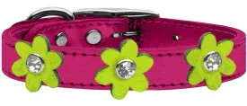 Metallic Flower Leather Collar Metallic Pink With Metallic Lime Green Flowers Size 12