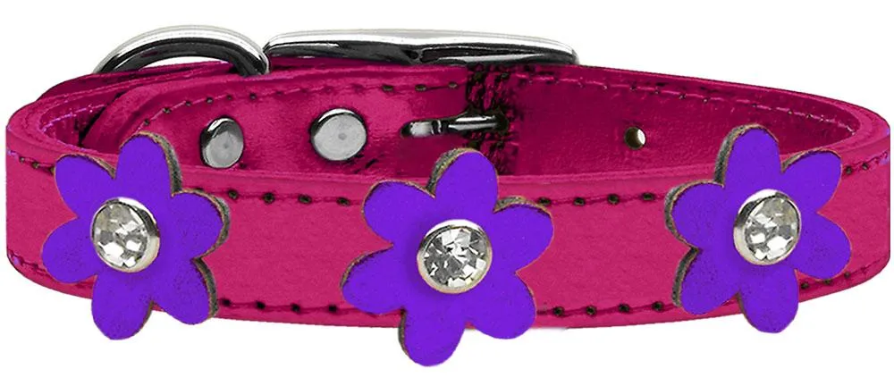 Metallic Flower Leather Collar Metallic Pink With Metallic Purple Flowers Size 18