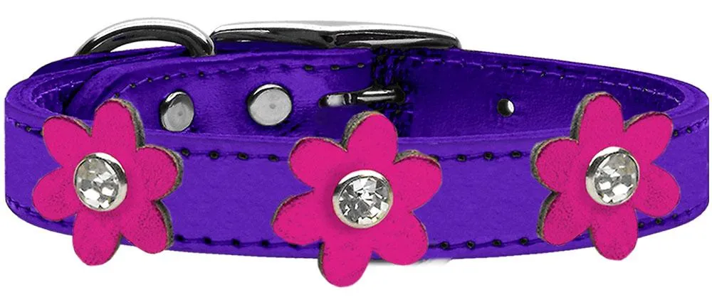 Metallic Flower Leather Collar Metallic Purple With Metallic Pink Flowers Size 16