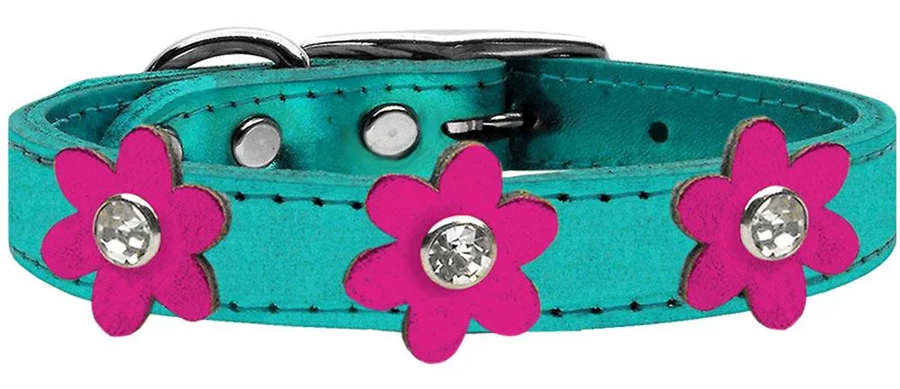 Metallic Flower Leather Collar Metallic Turquoise With Metallic Pink Flowers Size 12