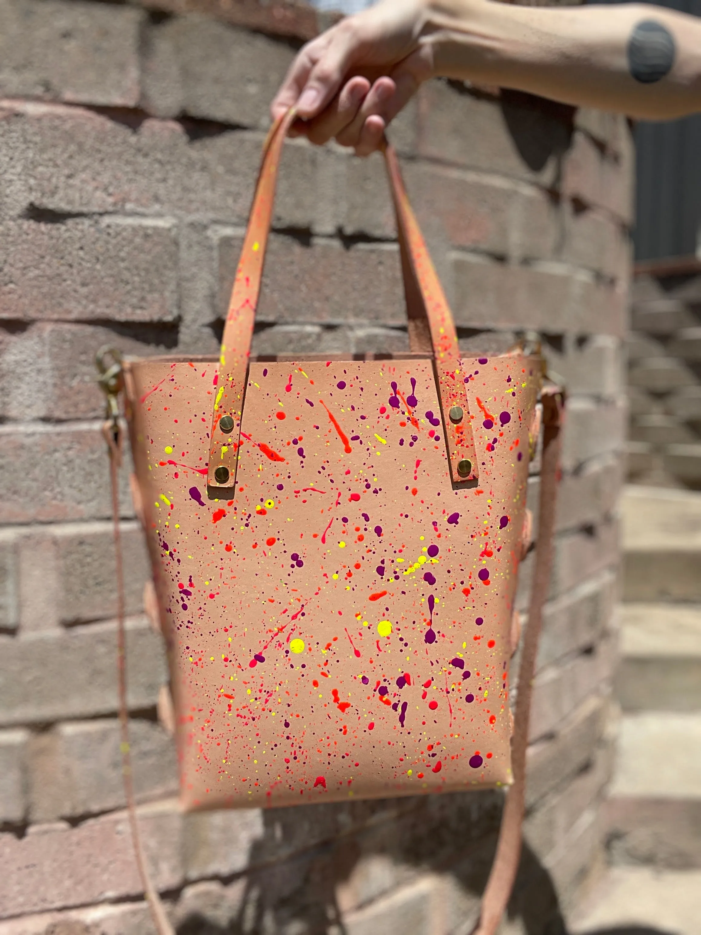 Neon Splatter Veg Tan Open Top Crossbody Tote