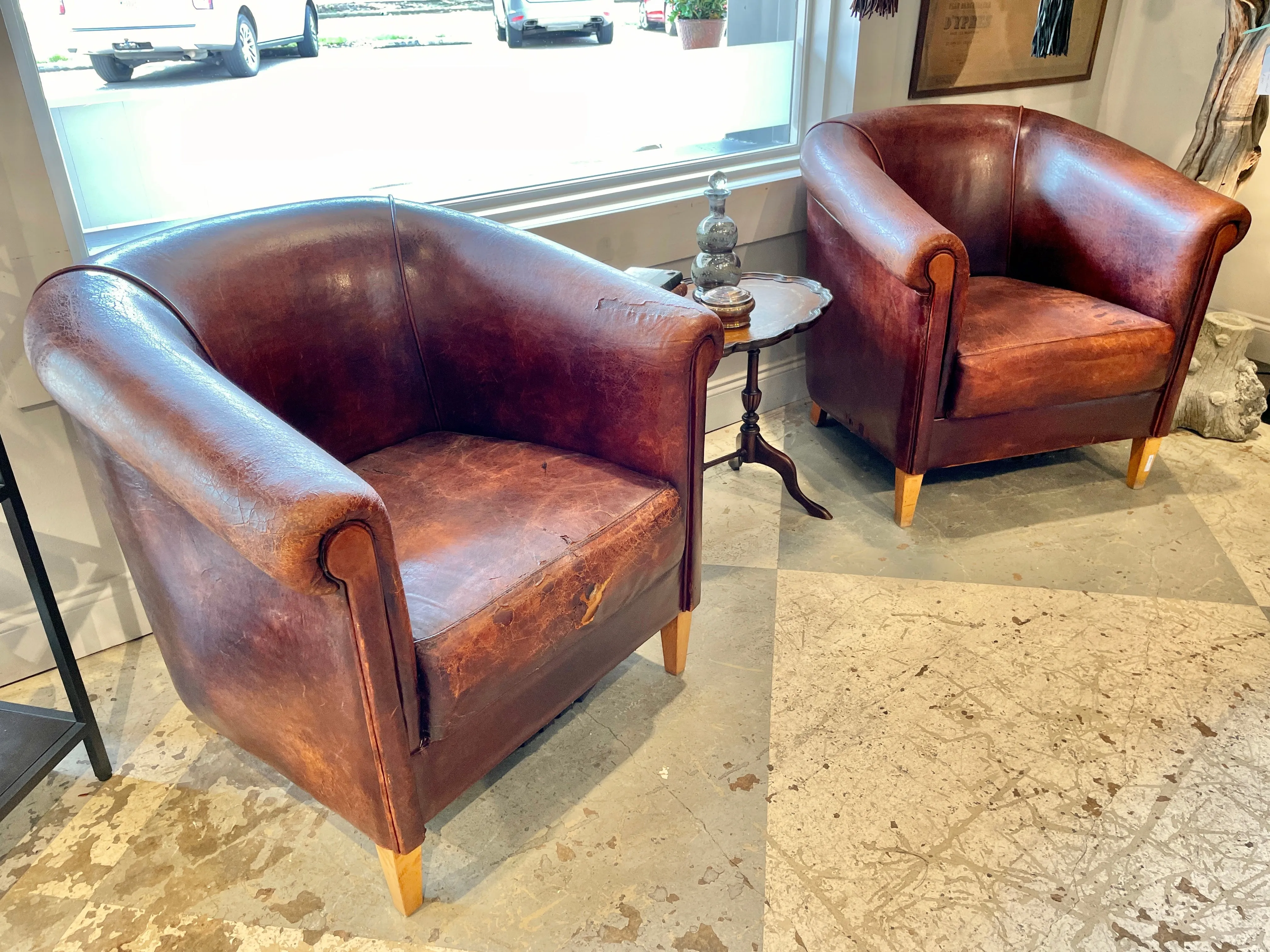 Pair Vintage European Leather Tub Chairs