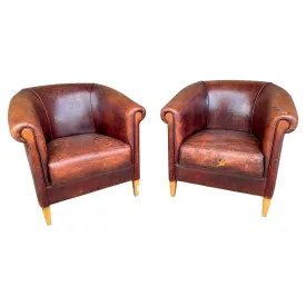 Pair Vintage European Leather Tub Chairs