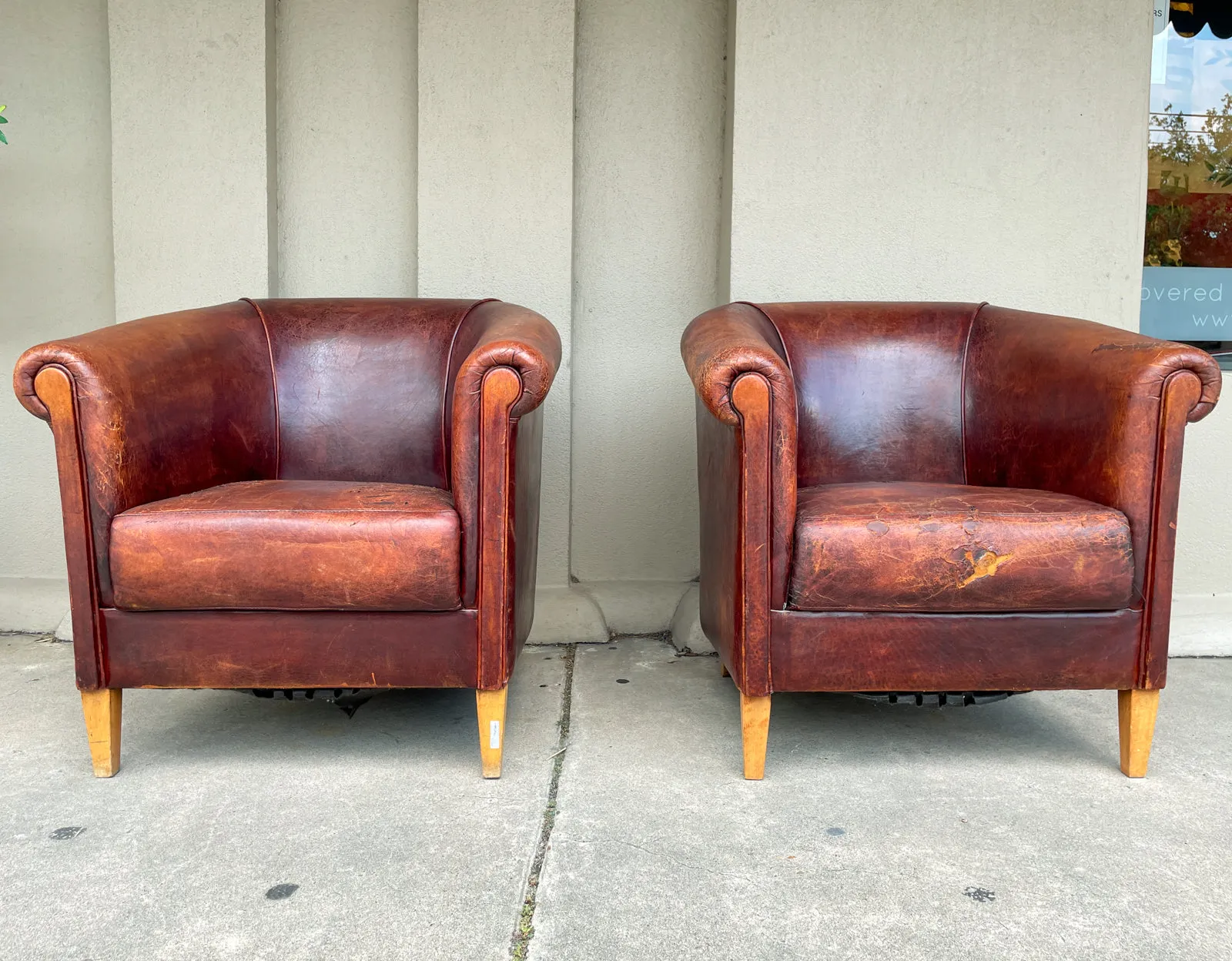 Pair Vintage European Leather Tub Chairs