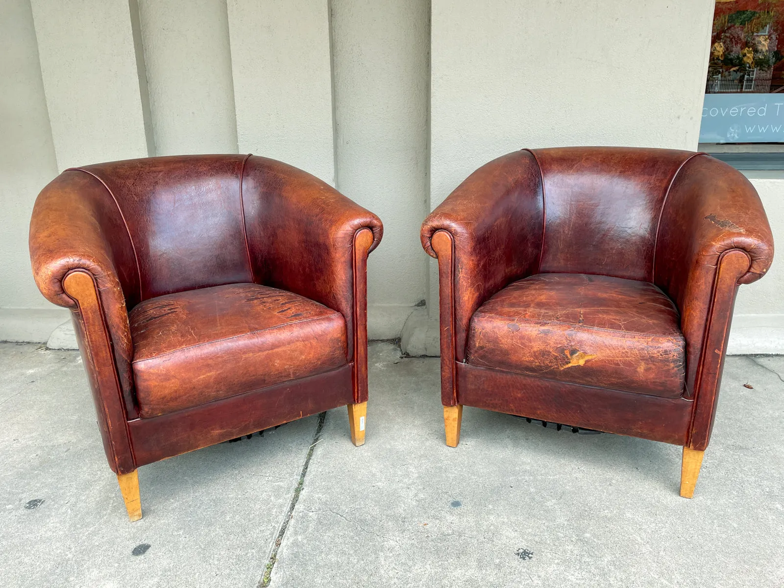 Pair Vintage European Leather Tub Chairs