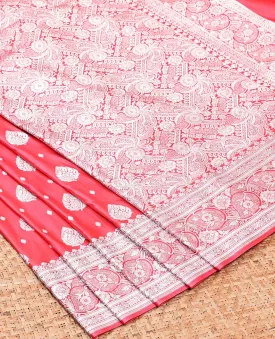 Pink semi banaras satin saree with unique buttas, self-border of floral designs & pallu of intricate designs