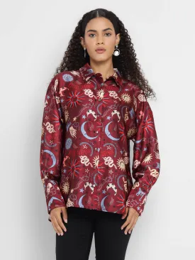 Porsorte Women’s Maroon Satin Printed Full Sleeves & Button-Down Collar Shirt