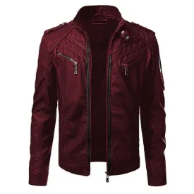 Quilted Padding Biker Leather Jacket Mens