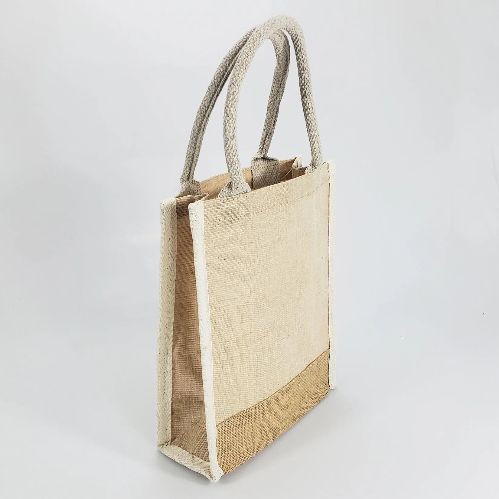 Small Jute Blend Tote Bags with Full Gusset and Burlap Accents - TJ911