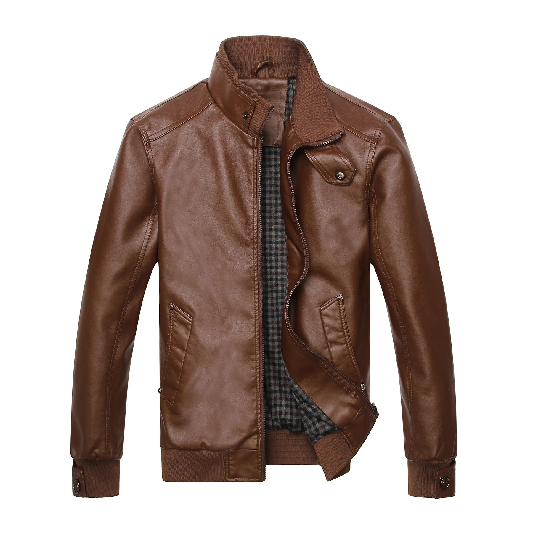 Stand-up collar Leather padded leather jacket-Leather jacket for mens