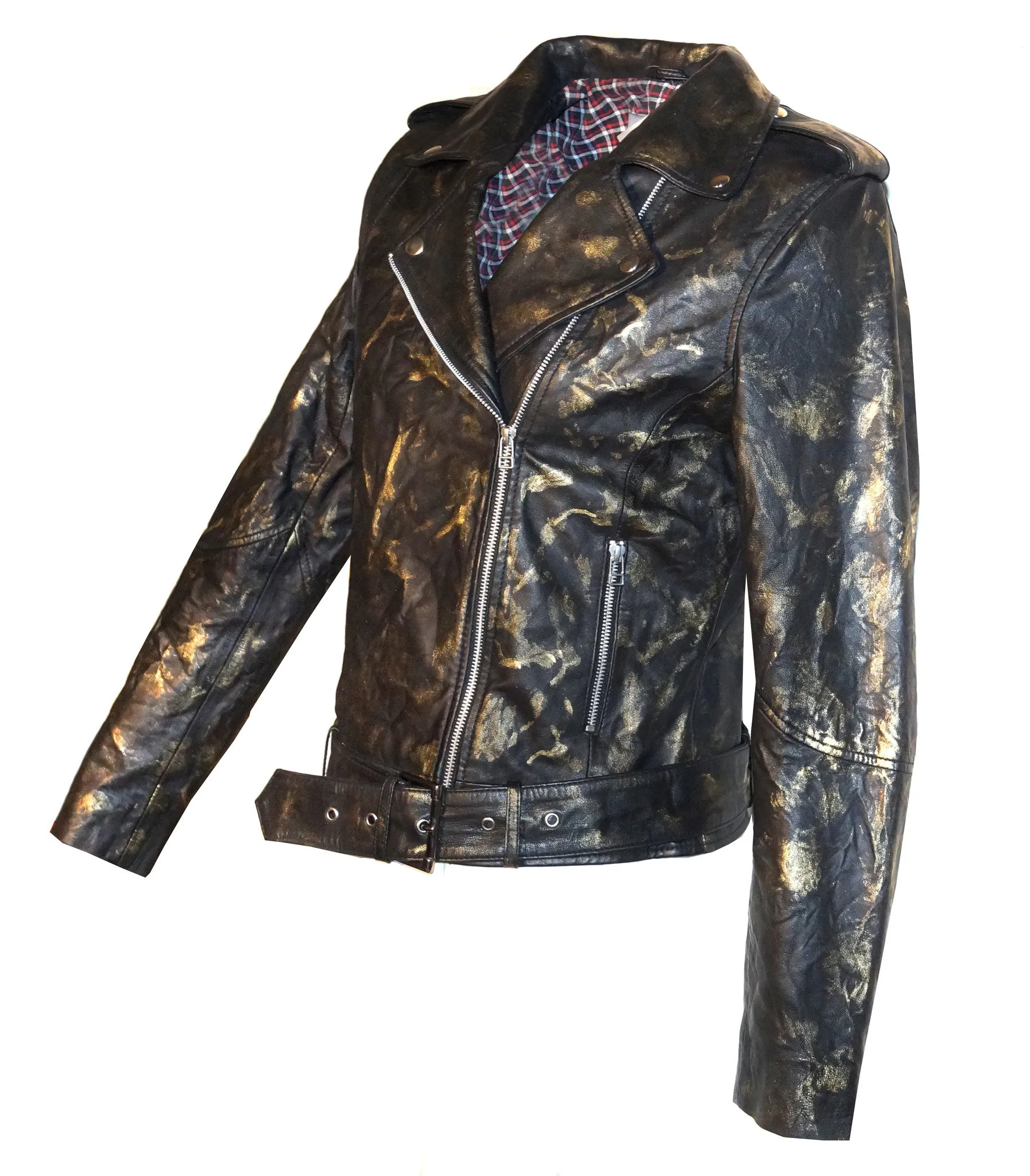 Vintage Golden Abstract Women Classic Biker Leather Jacket